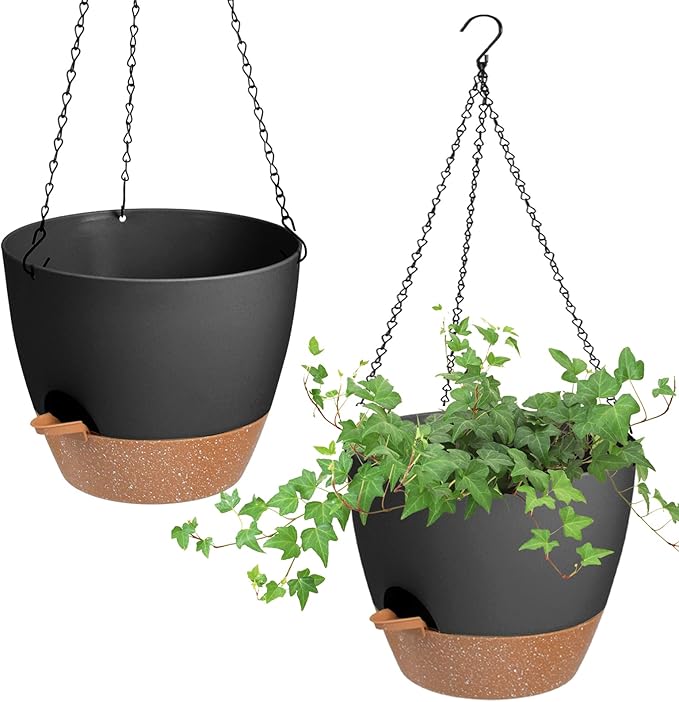 Hanging Planters for Indoor Outdoor Plants, 2 Pack Self Watering Hanging Pot with Drainage Holes & Removable Tray (Black, 10'') Vanslogreen
