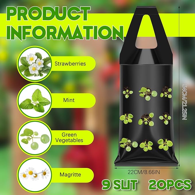 10 Pcs Hanging Flower Pot Bag with 9 Slits Hanging Grow Bags Flower Planting Bag Handle Grow Pouch Planter for Outdoor, Wall, Garden, Plant, Tomato, Strawberry Rootora