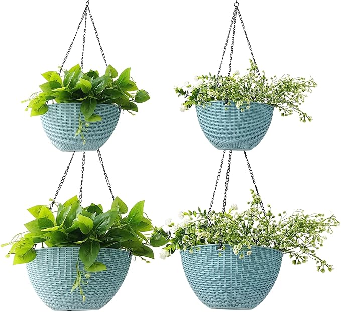Hanging Planters for Outdoor Plants 8/10 Inch, 4 Packs Hanging Flower Pot Indoor with Drainage Holes, Self-Watering Hanging Basket Perfect for Home, Office and Garden (Sky Blue) RooTrimmer