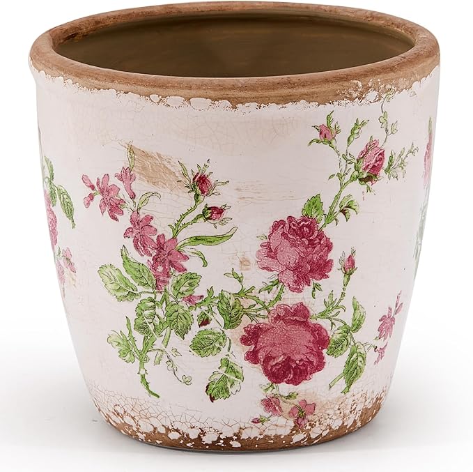 Vintage Ceramic Planter with Drainage Hole, Plastic Tray & Mesh, 6.5 Inch - Indoor/Outdoor Flower Pot, Pink Floral Rustic Farmhouse Design Plant pot for Home, Office & Garden Décor, Ideal Gift TEWEIQI
