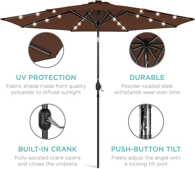 Best Choice Products 10ft Solar Polyester LED Lighted Patio Umbrella w/Tilt Adjustment and UV-Resistant Fabric BestChoiceProducts