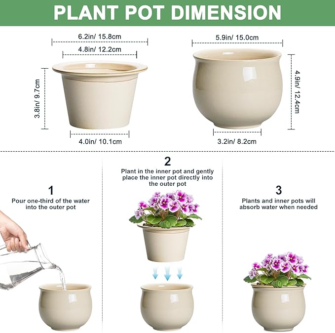 6 Inch Self Watering Pots for Indoor Plants, Ceramic African Violet Pots with Absorbent Inner Pot, Easy Self Watering Planter, Round Ceramic Flower Pot, Patio Decor, Gardening Gifts, Beige Teagas