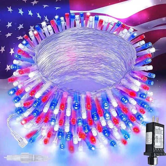 4th of July Decorations Red White and Blue Lights, 200 LED 66FT String Light Plug-in, 8 Modes 4th of July Lights for Indoor Outdoor Independence Day Memorial Day American Flag Patriotic Holiday Decor SANJICHA