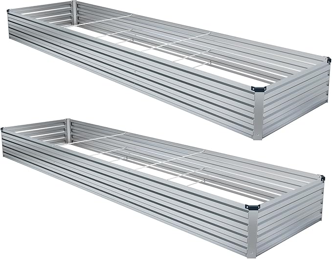 2 Pack 12x4x1FT Galvanized Raised Garden Bed Kit, Outdoor Metal Planter Box for Vegetables, Bottomless Rectangular Gardening Bed with Support Rods, Tool-Free Assembly, Silver Meberam