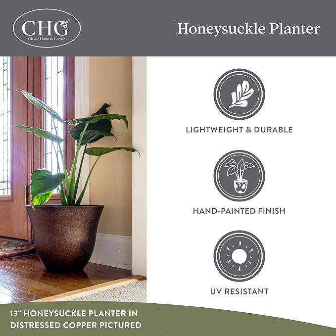 Classic Home and Garden Honeysuckle Resin Planters - Lightweight Indoor & Outdoor Plant Pots - UV-Resistant Plastic Flower Pots - Pot Planters for Flowers & Herbs (13", Blue Jean) ClassicHomeandGarden