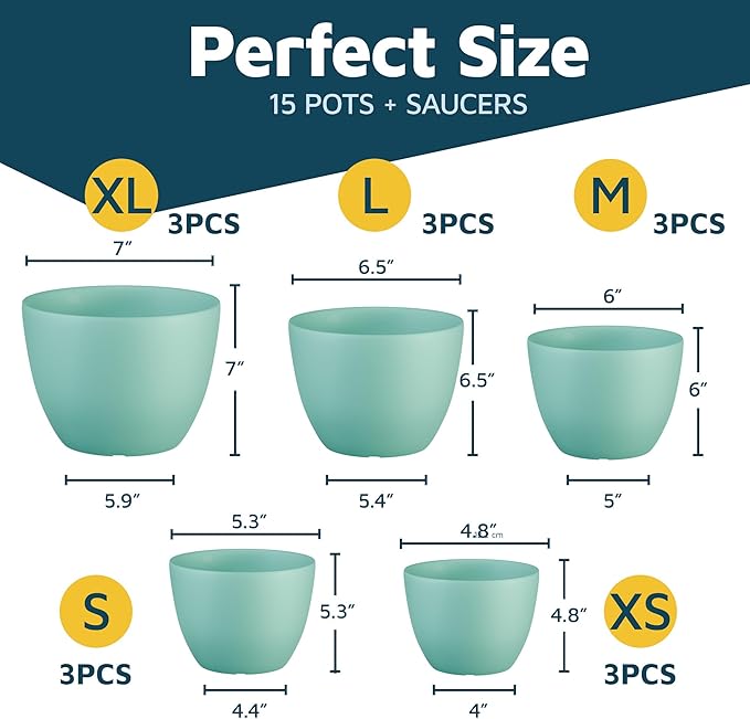 Aqua Plant Pots with Drainage Holes & Saucers 15 Pack, Indoor & Outdoor Stackable Space-Saving Planters for Houseplants & Flowers, (7", 6.7", 6", 5.3", and 4.8" Inches), Durable & Weatherproof LIFEMASTER