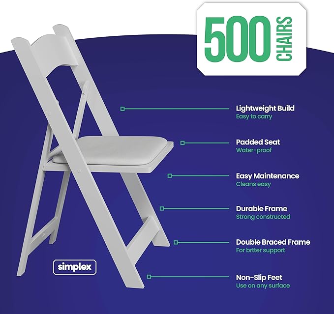 SIMPLEX 500 White Folding Chairs – Resin Stackable Foldable Chairs with Padded Seats – Comfortable White Folding Chairs for Indoor/Outdoor Events – Lightweight Resin Chairs (500 Pack) Simplex