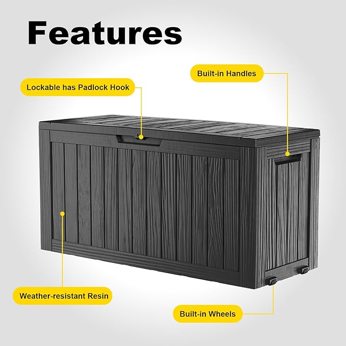 ROJIK Outdoor Storage Box with Wheels,75 Gallon Waterproof Resin Deck Box, Lockable Storage for Patio Cushions,Garden Tools,Pool Accessories,UV-Resistant Storage Bench for Backyard & Deck（Black） ROJIK