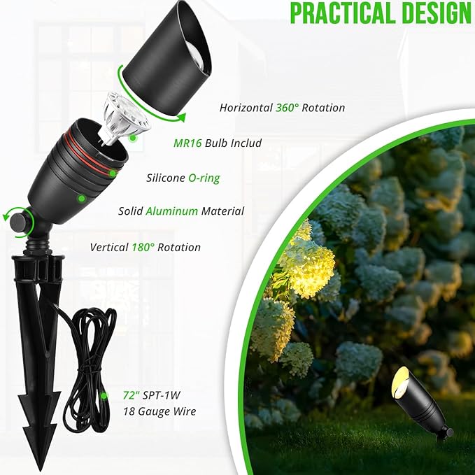 wowlite Low Voltage Spot Lights Outdoor LED 4 Pack, Die-cast Aluminum Landscape Spotlights, Waterproof Black Uplights with MR16 Bulbs Ground Stake for Garden Courtyard Pathway wowlite