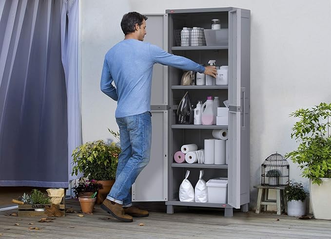 Keter Storage Cabinet with Doors and Shelves for Laundry Room, Garage, Bathroom Accessories, Closet and Home Organization, White & Grey Keter