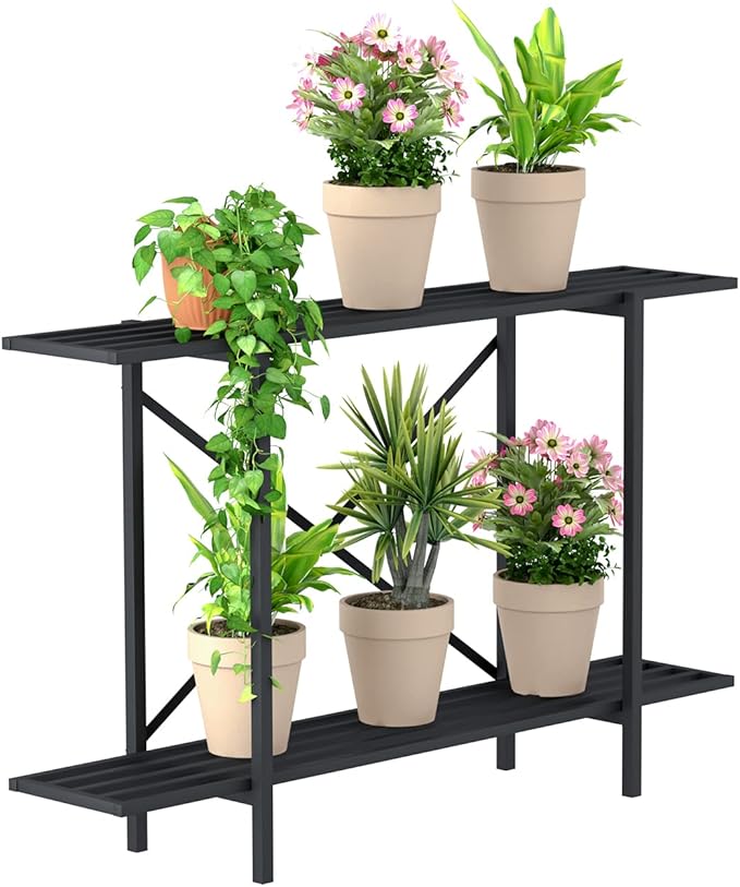 Zhongma 2 Tier Metal Sturdy Heavy Plant Stand, Narrow Plant Stand Indoor and Outdoor, L45.67 x W10.3 x H27.5 inch, 440 LBS Capacity & Heavy Duty Construction. … Zhongma