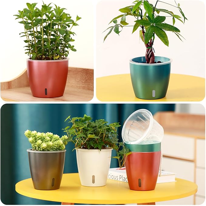 Self Watering Pots for Indoor Plants, 12-Pack 5'' Self Watering Planter with Drainage Holes, Small African Violet Pots with Water Indicator, Clear Wick Pot, White/Black/Blue/Rose Gold KvyusFlourish