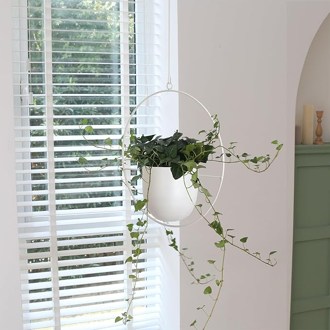 2 Pack Hanging Planters for Indoor Outdoor Plants Modern Metal Plant Hangers, Wall and Ceiling Hanging Plants Baskets Mid Century Minimalist Flower Pots Home Decor (White) ABETREE