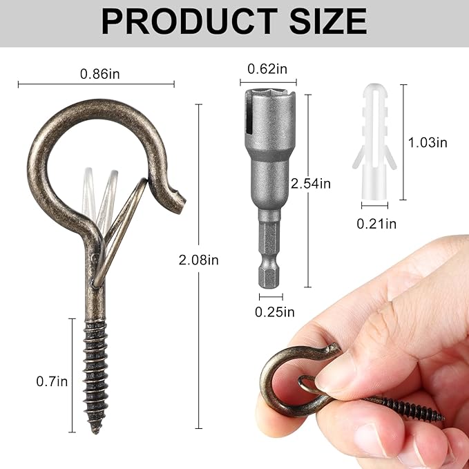 24 PCS Q-Hanger Hooks, Screw Hooks for Outdoor String Lights, Safety Buckle Design Cup Eye Hook for Hanging Christmas Lights, Plants, Mounted on Wall Ceiling, Include 1 Wing Nut Driver, Copper FSAH