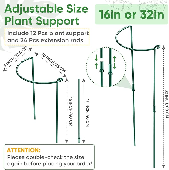 12 Pack 32 or 16 inch Adjustable Plant Support Stakes, Heavy-Duty Half Round Peony Support, Garden Plant Stakes Cage for Outdoor Plants, Peony, Tomato, Hydrangea, (16In Support +16In Extension Tubes) HiGift