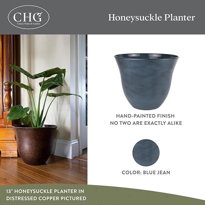 Classic Home and Garden Honeysuckle Resin Planters - Lightweight Indoor & Outdoor Plant Pots - UV-Resistant Plastic Flower Pots - Pot Planters for Flowers & Herbs (13", Blue Jean) ClassicHomeandGarden