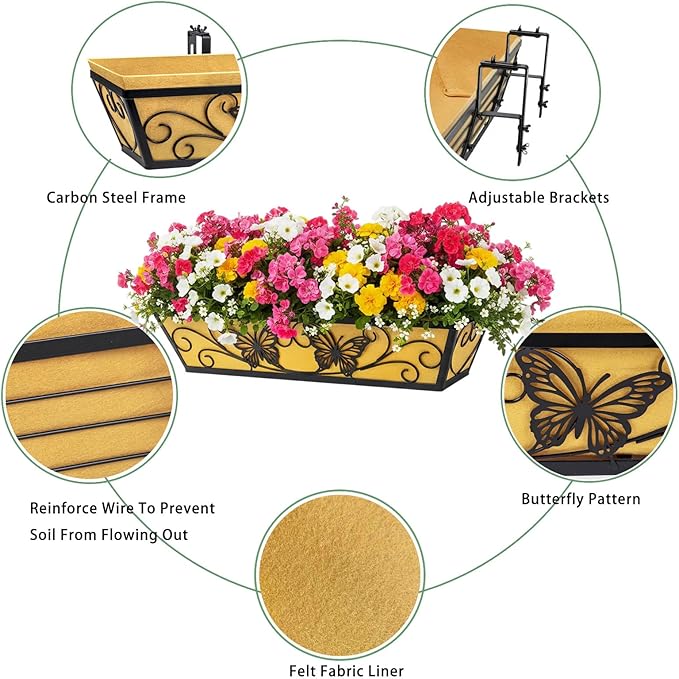 4 Pack 24 Inch Window Boxes Planter Railing Planters Box with Adjustable Brackets for Porch Deck Balcony Hanging Butterfly Decorative Flower Baskets & Non-Woven Fabric Liner for Outdoor Plants - Black KarlliuHOMEGARDEN