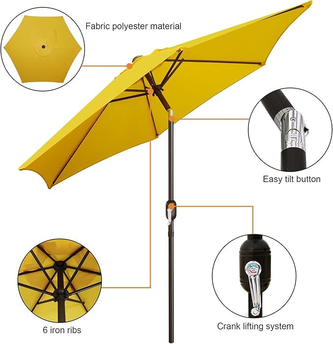 Blissun 7.5 ft Patio Umbrella, Yard Umbrella, Outdoor Market Umbrella with Push Button Tilt Crank, Yellow Blissun