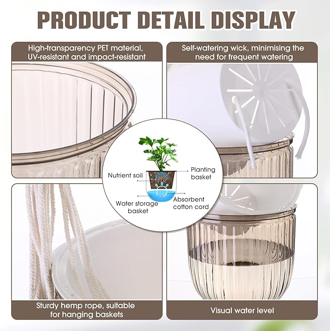 6 Pack Self Watering Hanging Planters Indoor Flower Pots(4.5 +6.5) Visible Water Level Markers 3 Hanging Ropes with Drainage Holes for Indoor Outdoor Garden Home Decor Supplies(Grey) Yiyiring