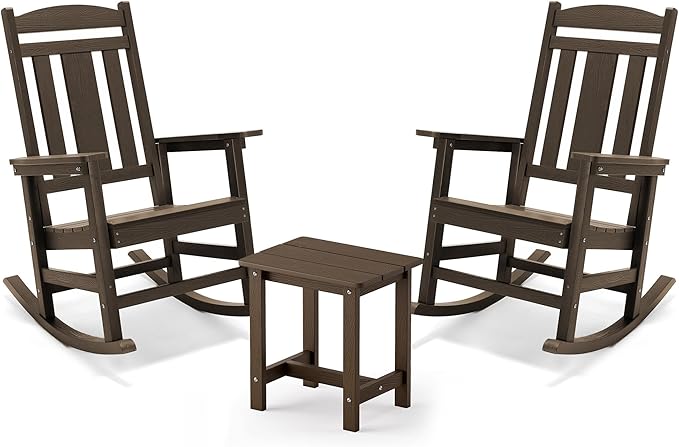 LUE BONA Outdoor Rocking Chairs Set, 3-Piece, Poly Porch Rockers with Table, Plastic Weather Resistant Rocking Chair Set for Outdoor Indoor, Garden, Backyard, 350lb, Brown, Chairs+Table LUEBONA