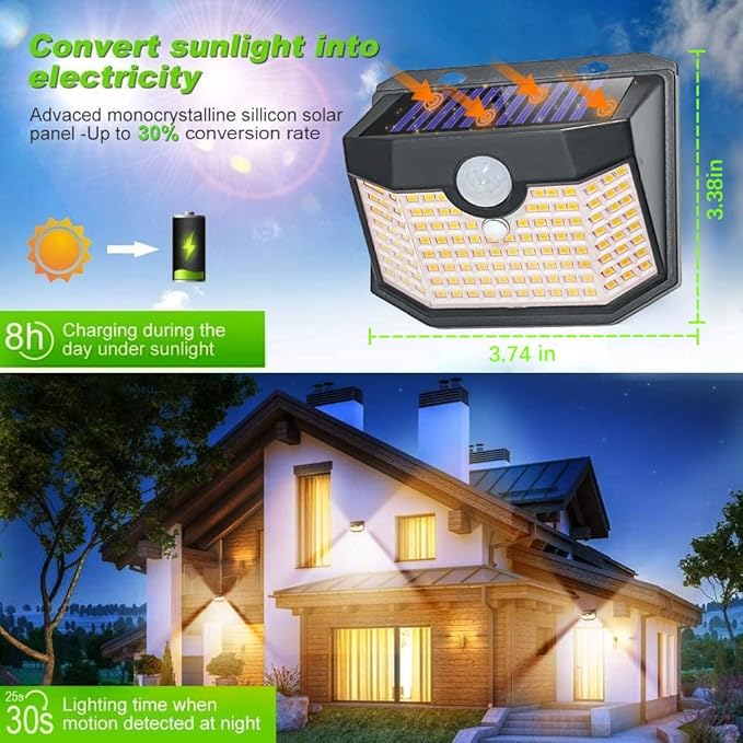 HMCITY 120 LED Outdoor Solar Lights- with Motion Sensor and 3 Lighting Modes, IP65 Waterproof Wide Solar Wall Lights Ideal for Garden Patio Yard (Front Button 6Packs, Black Shell-Warm White) LightingUpYourLife