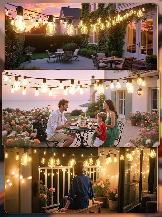 luckystyle 150FT LED Outdoor String Lights with Remote, 55+2 Shatterproof Bulbs Waterproof and Dimmable Patio Lights for Porch, Garden, Backyard, Deck, Balcony, 2700K Hanging Lighting luckystyle