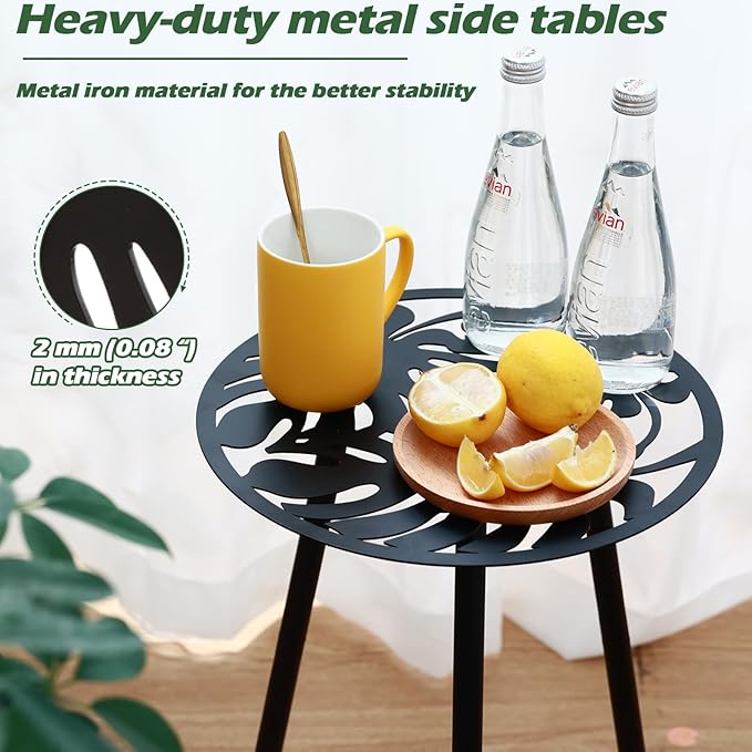 1 Pack Metal Outdoor Side Tables Small Outside Round End Table for Patio Modern Accent Garden Corner Table for Small Spaces, Balcony, Porch, Weather-Resistant, Plant Stand Indoor, Black PartyZealot