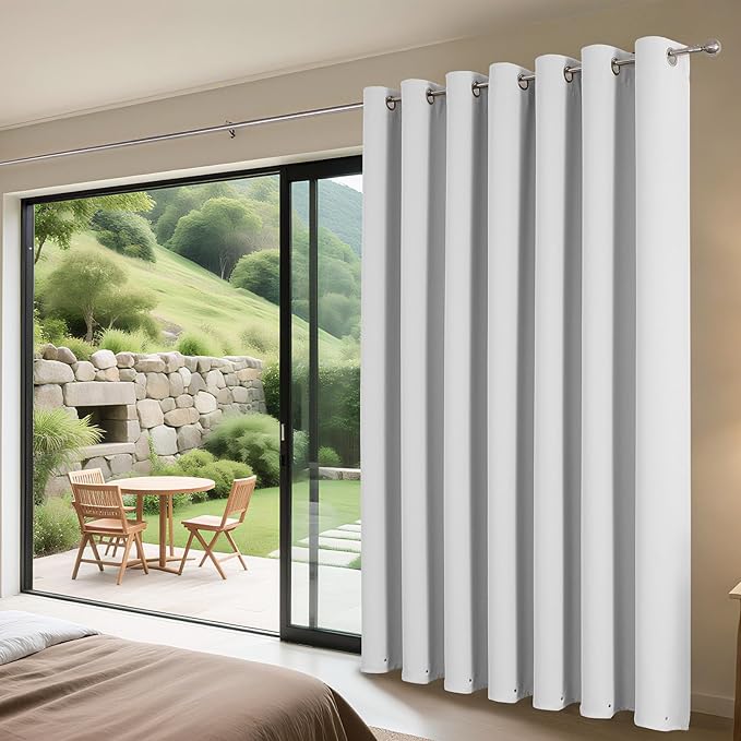 Joydeco Blackout Patio Sliding Door Curtains 108 Inches Long, Grommet Privacy Room Divider Curtains, Extra Wide Thermal Blackout Drapes for Bedroom Living Room (Greyish White 100Wx108L, 1 Panel) JOYDECO