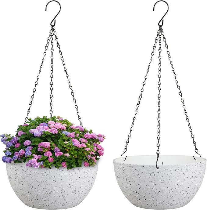 8 inch Hanging Planters for Small Indoor Outdoor Plants, 2 Pack Hanging Flower Pots with Drainage Holes and Chain for Garden Porch, Plastic Hanging Baskets for House Plants, Speckled White Meowell