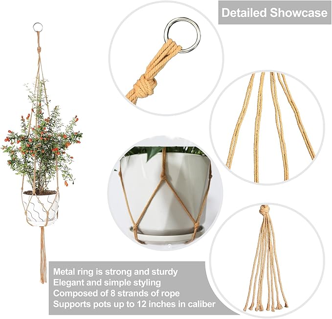 3 Pack Macrame Plant Hanger Indoor, 35 41 47 Inch Handmade Boho Hanging Planter Basket with Screw Hooks S-Hooks and Extension Rope for Indoor Plants Home Decor (POTS NOT Included) (Brown) Rootora