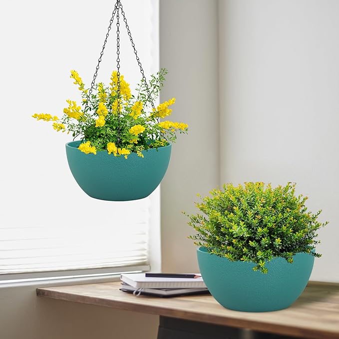 10 inch Hanging Planters for Indoor Outdoor Plants, 2 Pack Hanging Flower Pots with Drainage Holes and Chain for Garden Porch, Plastic Hanging Baskets for House Plants, Blue Green Meowell