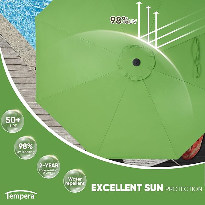 Tempera Patio Market Outdoor Table Umbrella with Auto Tilt and Crank, Large Sun Umbrella with Sturdy Pole & Fade Resistant Canopy, Easy to Set TemperaPatioLife