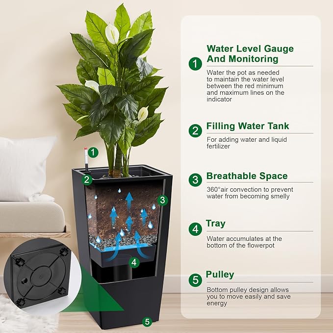 Garvee 30" Tall Planters Set of 2, Outdoor＆Indoor Black Planter Pots, High Front Porch Planter Pots with Drainage Holes＆Water Level Monitor＆Inner Bucket,Black Garvee