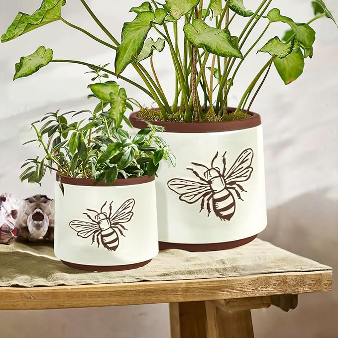 YBX Terracotta Pots Inch with Drainage Holes, Bee Decor, Ceramic Pots for Indoor Plants Flower Pots Outdoor, Succulent, Herbs, Snake Plants (White, 6+4 Inch) YBXYIBOXUAN