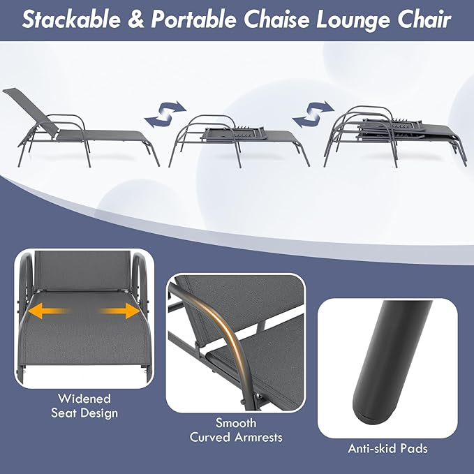 Giantex 2 Pack Patio Lounge Chair, Outdoor Chaise Lounge with 5 Adjustable Backrest, Sturdy Steel Frame, Sunbathing Recliner, Tanning Chair for Beach, Outside, Yard, Balcony, Pool Chairs (2,Dark Gray) Giantex