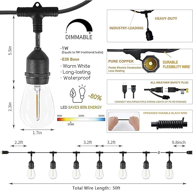 Svater Outdoor String Lights Led 105FT, Commercial Grade Patio Light with 1W Dimmable S14 Shatterproof Bulbs, ETL Listed Heavy-Duty Outside Waterproof Cafe Bistro Market Lighting Warm White Svater