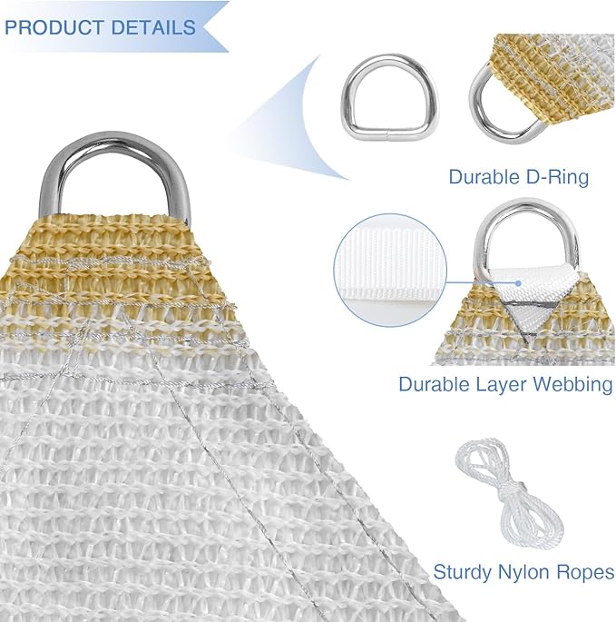E&K Sunrise 13' x 13' x 13' Sun Shade Sail Triangle Canopy Shade Cover UV Block for Patio Backyard Garden Outdoor (Beige White Strip) EKSUNRISEINC