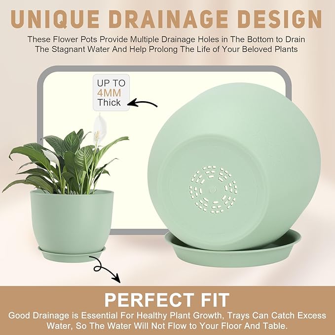 Plant Pots 10/9/8/7.5/7 inch Flower Pots with Multi Mesh Drainage Holes, Planters for Indoor Outdoor Garden Plants and Flowers. (Green) AFamilyofGardenLovers