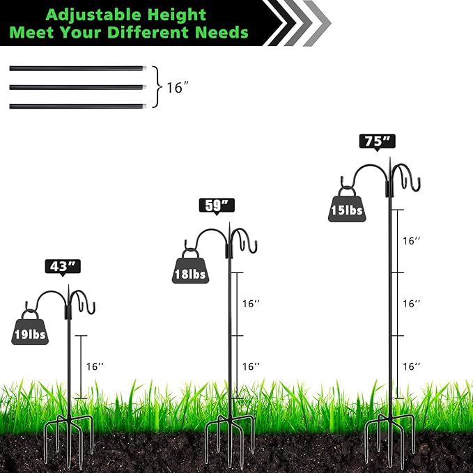 FEED GARDEN [Upgrade Version 76 Inch Three Shepherd Hooks for Outdoor,Bird Feeder Pole with 5 Prong Base, Adjustable Shepard Hooks for Hanging Plant, Solar Lanterns, Wind Chimes, 2 Pack FEEDGARDEN