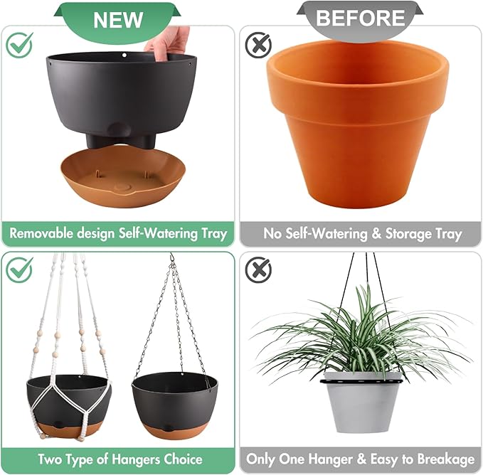 Set of 2-10 Inch Hanging Planters for Indoor Plants with Self-Watering Includes Hanging Pots for Plants, Outdoor Hanging Plant Pot with Drainage, and 2 Types of Hanging Baskets Hangers (Black, 10inch) Montresor