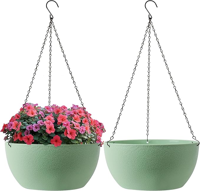T4U 12 Inch Hanging Planters for Indoor Outdoor Plants, 2 Pack Plastic Hanging Planter, Indoor Hanging Plant Pots, Hanging Basket with Drainage Holes, Flower Pots for Garden Home Decor, Green T4U