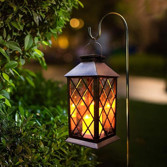 Solar Outdoor Lantern, Garden Hanging Waterproof Lanterns PVC Upgrade 3 LED Flickering Flameless Candle Decorative for Garden Women Mom Grandma Halloween Gifts (Grid Candle) SolarGardenDecorationLight