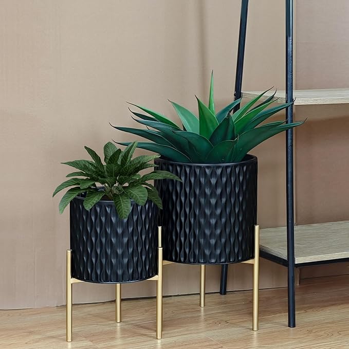ARNIS Plants Pots with Stand, Set of 2 Planters, Unique Mid Century Decorative Metal Flower Pots with Drainage, 8.25 & 10.5 Inch, Black ARNIS