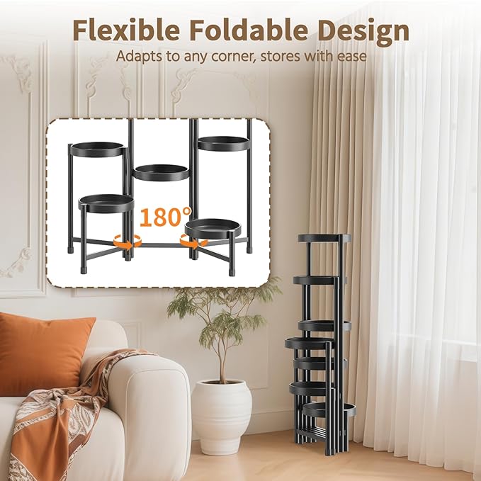 LASZOLA 7 Tiered Folding Tall Plant Stand Indoor for Multiple Large Planter, Heavy Duty Metal Adjustable Flower Rack for Narrow Corner, Sturdy Vertical Spiral Shelving Holder for Modern House, Black LASZOLA