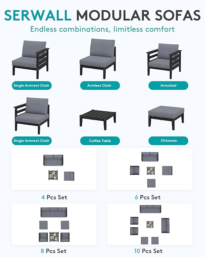 SERWALL HDPE Patio Furniture Set, 4 Pieces Outdoor Sectional Sofa Set, All-Weather Wood-Like Outdoor Sofa Couch with Coffee Table for Deck, Lawn, Black Frame with Grey Cushion SERWALL