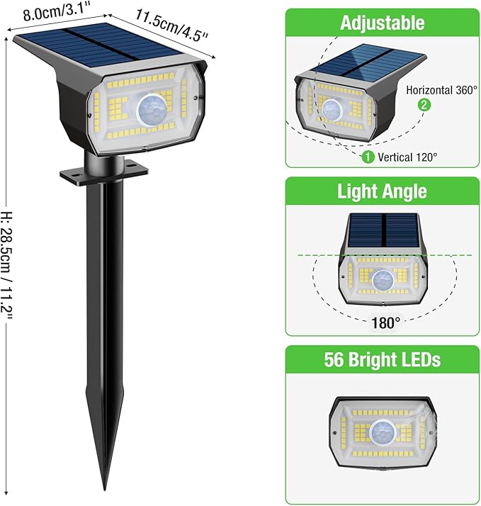 Solar Spot Lights Outdoor Motion Sensor with 3 Modes, [ 8 Pack/56 LED ] Solar Spotlights Outdoor Waterproof 2-in-1 Auto On/Off Landscape Lighting for Outside Yard Wall Garden Pathway, Warm White Nipify
