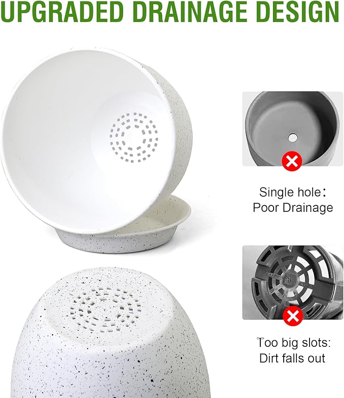 Large Flower Pots 12/10/9 inch, Set of 3 Modern Decorative Plastic Planters with Drainage Holes and Saucers for Garden House Plants, Plant Pots for Indoor Outdoor Plants, Speckled White WSMKSZ