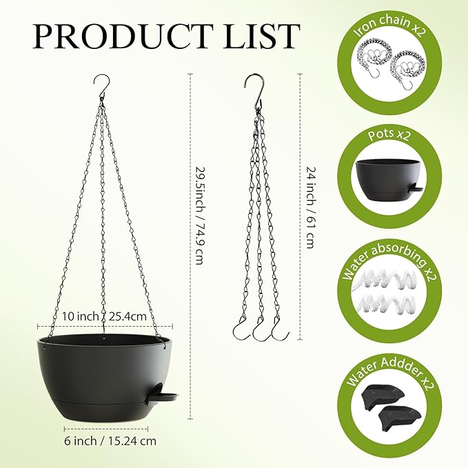 10 Inch Hanging Baskets 2 PC with Chains, Self-Watering Hanging Planters for Indoor Outdoor Plants, Plastic Hanging Flower Pots,Black SQKH