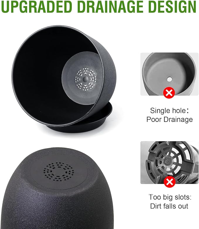 12/10/9 inch Big Flower Pots, 3 Pack Modern Decorative Plastic Planters with Drainage Holes and Tray, Plant Pots for Indoor Outdoor Plants, Black WSMKSZ