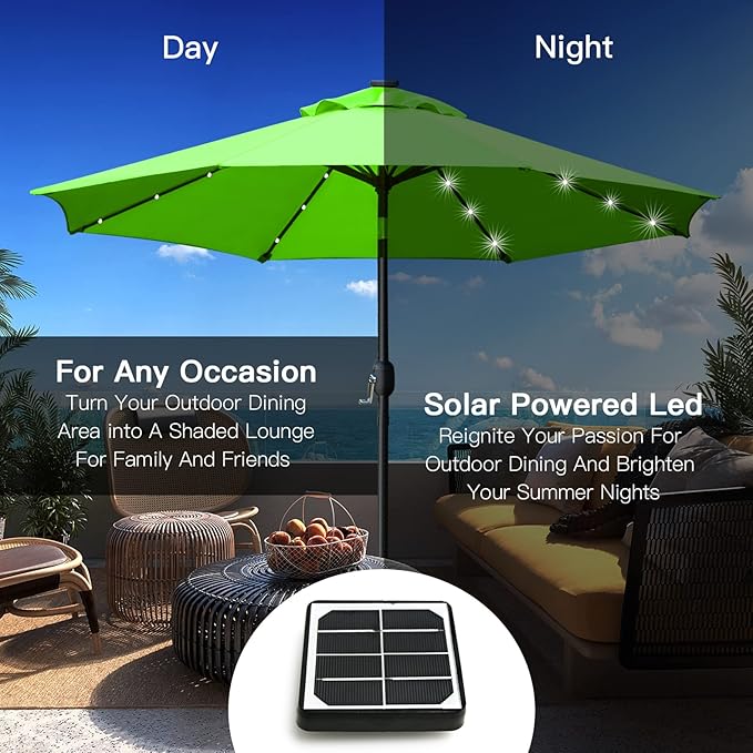 Sunnyglade 9' Solar LED Lighted Patio Umbrella with 8 Ribs/Tilt Adjustment and Crank Lift System (Grass Green) Sunnyglade